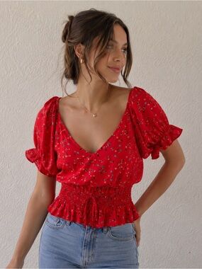 Red Floral Smocked Puff Sleeve Peplum Top XS/S
